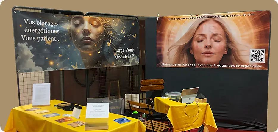 Stand d’accompagnement énergétique au Salon Bien-être Yozenco, avec affiches explicatives et documentation sur table jaune.