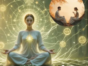 Consultation de Bilan Bio-Énergétique : une femme en connexion avec son énergie vitale, entourée de son champ vibratoire lumineux.