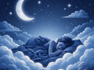 Femme dormant paisiblement dans les nuages, illustrant un programme de fréquences pour un sommeil profond et réparateur