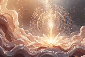 Nettoyage énergétique des lieux avec flux d’énergie doré émergeant d’un lotus dans une atmosphère vibratoire bleue et violette