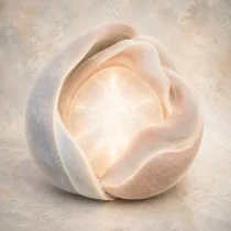 Une forme minérale composée de couches arrondies s’ouvre autour d’un cœur de lumière.