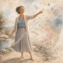 Une femme aux cheveux gris se tient près d’une rivière et tend la main vers des oiseaux et des feuilles portés par des lignes lumineuses.