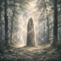 Un menhir se dresse au cœur d’une forêt, éclairé par des rayons de soleil et entouré de filaments lumineux.