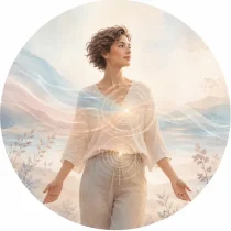 Une femme debout dans un paysage lumineux, traversée par des ondes concentriques au niveau du torse et du ventre.
